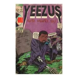 Minimal Kanye West music album poster with comic art style